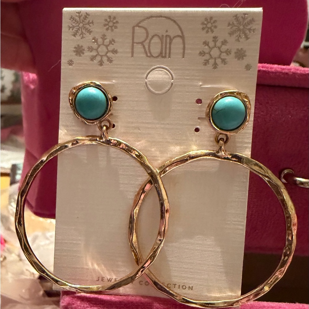 Rain Gold Hoop Earrings with Turquoise Stone